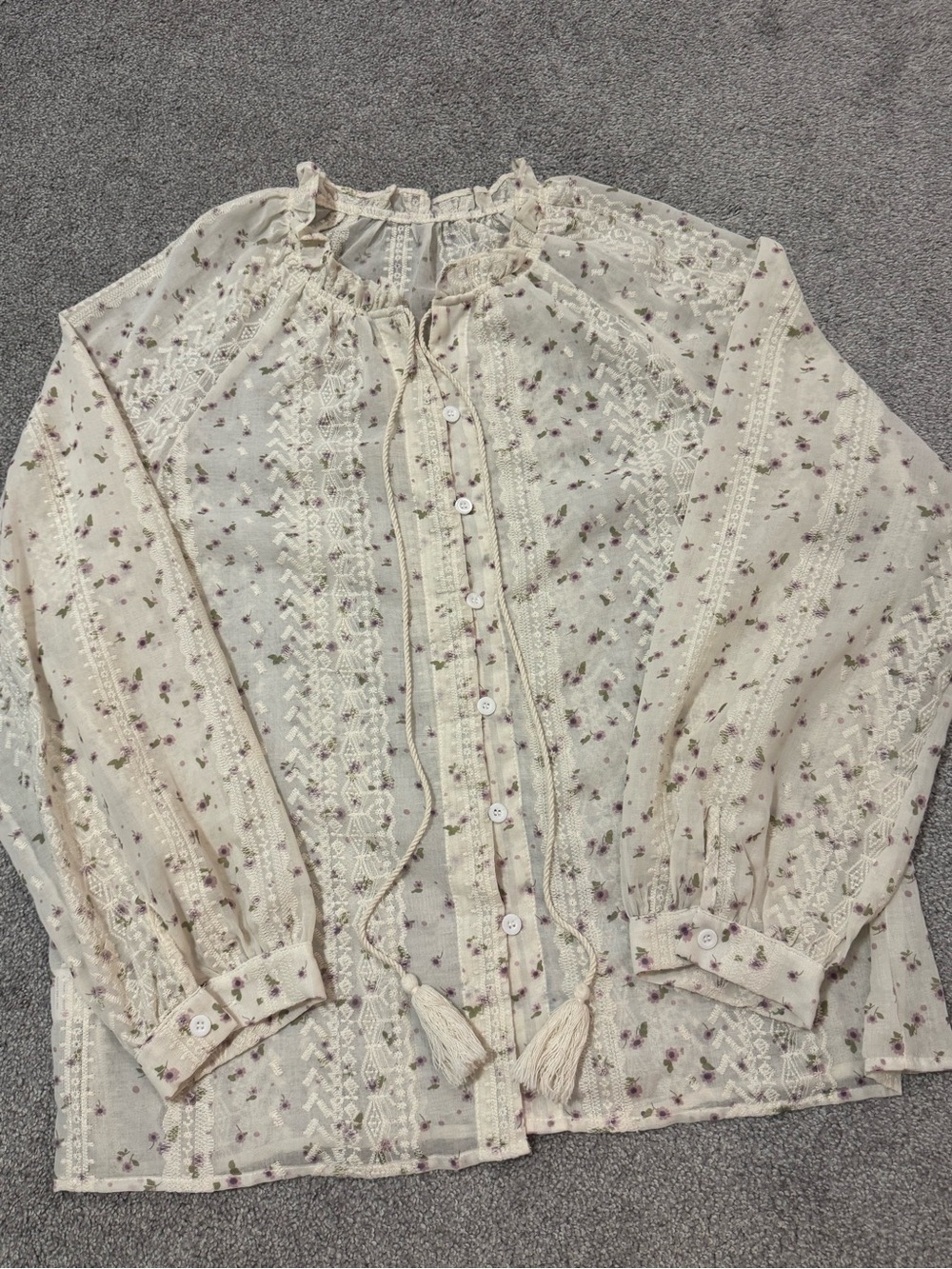Boho Cream Button-Down Blouse with Purple Floral Print